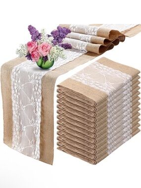 12 Burlap Lace Table Runner - 12 count